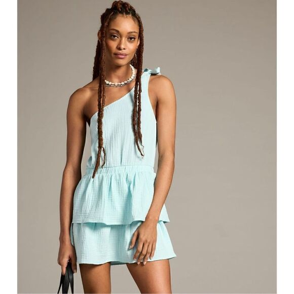 Anthropologie Light Blue Dress Cotton One Shoulder Tiered Ruffle Size Large - Picture 1 of 10